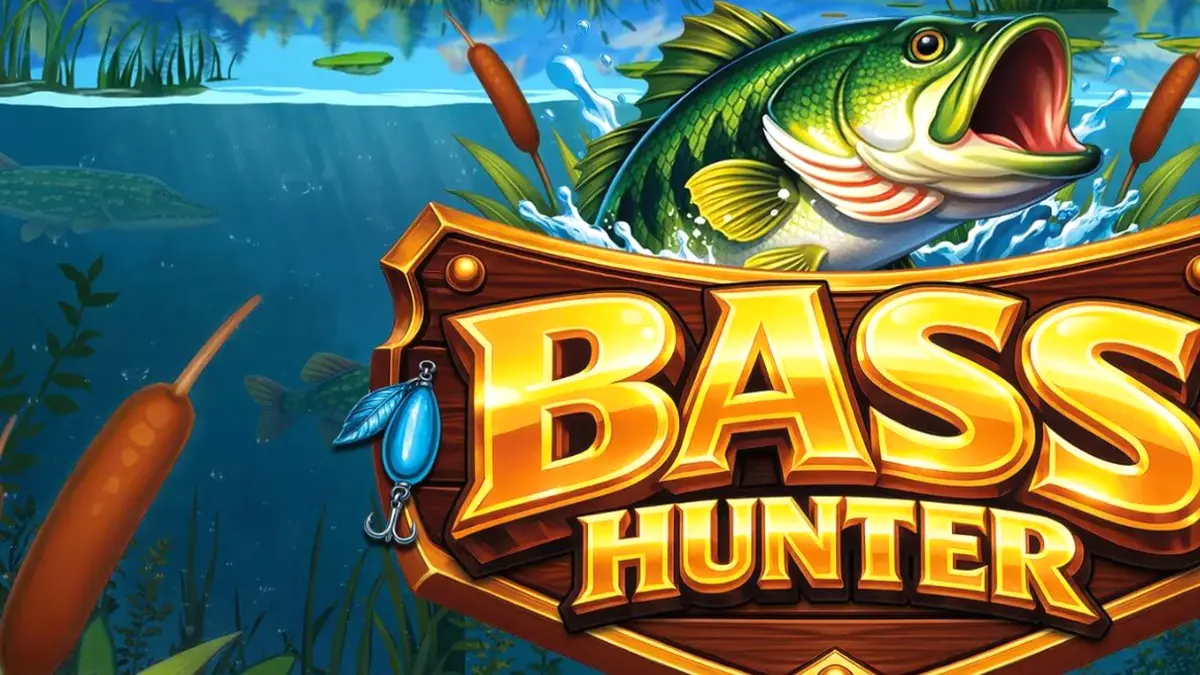 Interface do jogo de slot Bass Hunter com temática de pesca em lago nórdico
