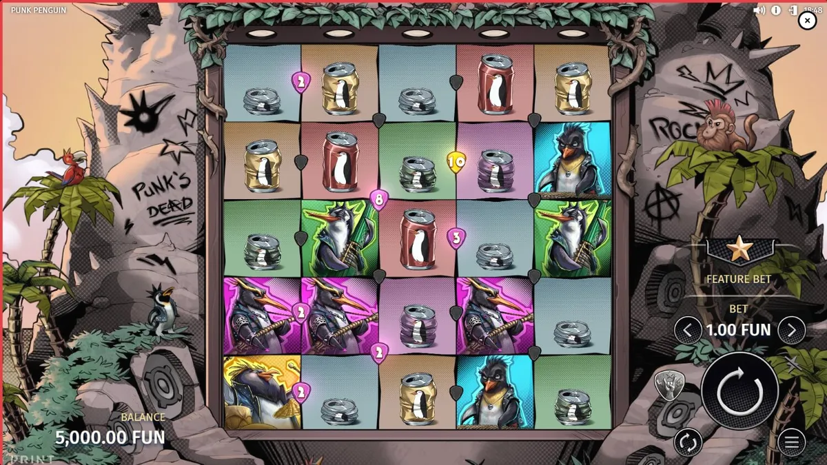 Visual vibrante e estilo punk do slot Punk Penguin com pinguins rebeldes